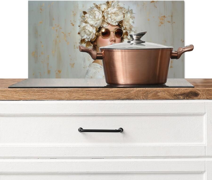 KitchenYeah Spatscherm keuken 60x30 cm Kookplaat achterwand Schilderij Vrouw Zonnebril Bloemenkrans Muurbeschermer Spatwand fornuis Hoogwaardig aluminium