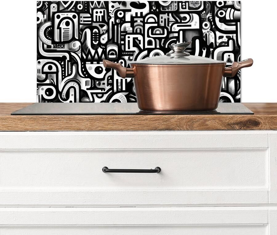 KitchenYeah Spatscherm keuken 60x30 cm Kookplaat achterwand Symbolen Abstract Grafisch Zwart Muurbeschermer Spatwand fornuis Hoogwaardig aluminium