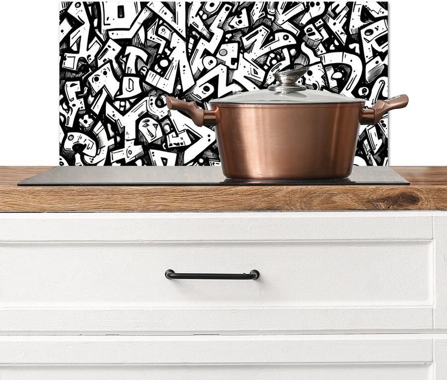 KitchenYeah Spatscherm keuken 60x30 cm Kookplaat achterwand Vormen Letters Graffiti Zwart Muurbeschermer Spatwand fornuis Hoogwaardig aluminium
