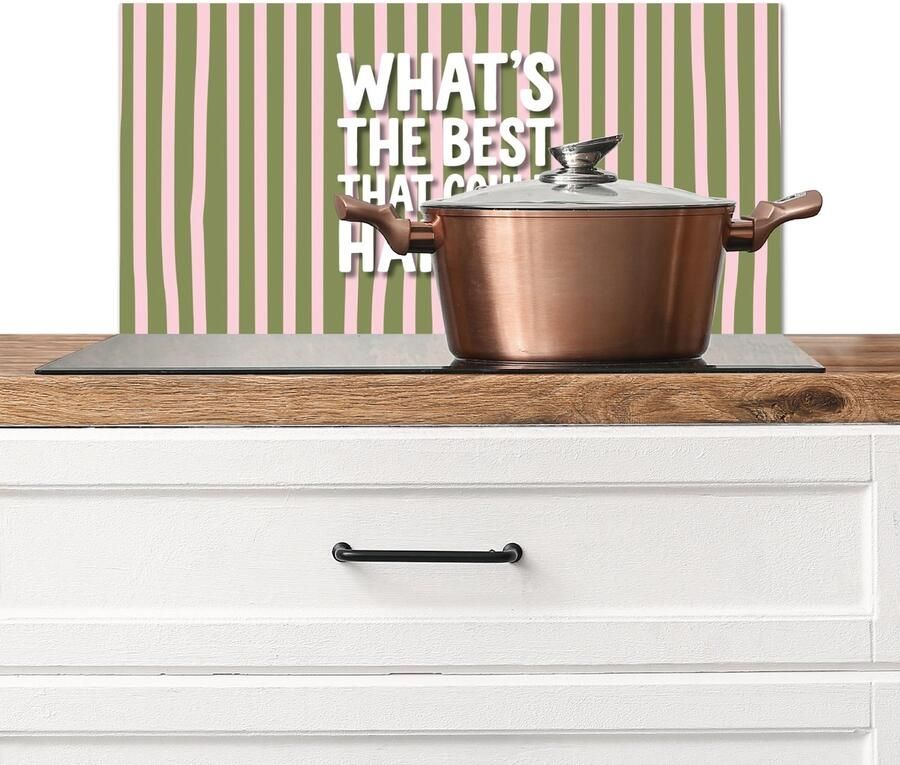 KitchenYeah Spatscherm keuken 70x30 cm Kookplaat achterwand What's the best that could happen Strepen Groen Roze Muurbeschermer Spatwand fornuis Hoogwaardig aluminium