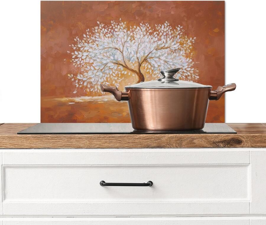 KitchenYeah Spatscherm keuken 60x40 cm Kookplaat achterwand Abstract Boom Wit Bladeren Muurbeschermer Spatwand fornuis Hoogwaardig aluminium