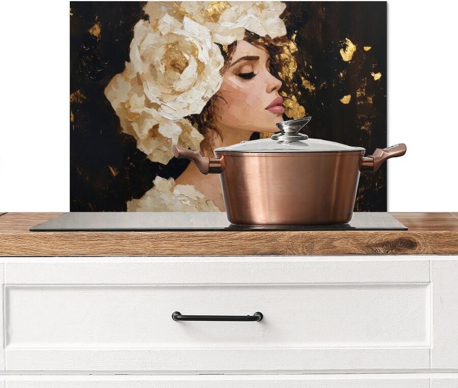 KitchenYeah Spatscherm keuken 60x40 cm Kookplaat achterwand Abstract Vrouw Bloemen Wit Muurbeschermer Spatwand fornuis Hoogwaardig aluminium