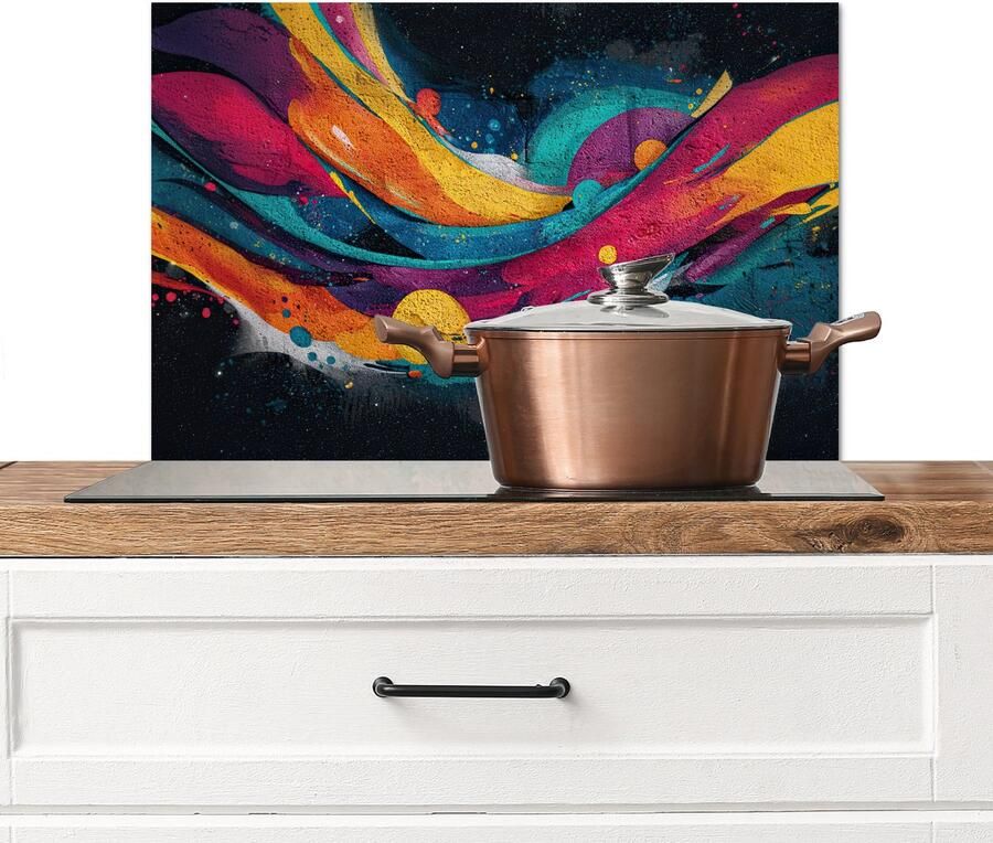 KitchenYeah Spatscherm keuken 60x40 cm Kookplaat achterwand Banen Golven Kleurrijk Abstract Muurbeschermer Spatwand fornuis Hoogwaardig aluminium