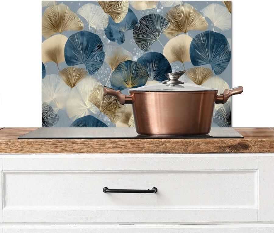 KitchenYeah Spatscherm keuken 60x40 cm Kookplaat achterwand Bladeren Abstract Goud Blauw Muurbeschermer Spatwand fornuis Hoogwaardig aluminium