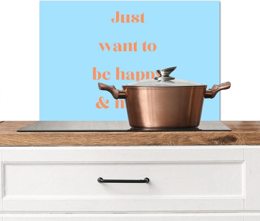 KitchenYeah Spatscherm keuken 60x40 cm Kookplaat achterwand Blauw Oranje Just want to be happy & naked Muurbeschermer Spatwand fornuis Hoogwaardig aluminium