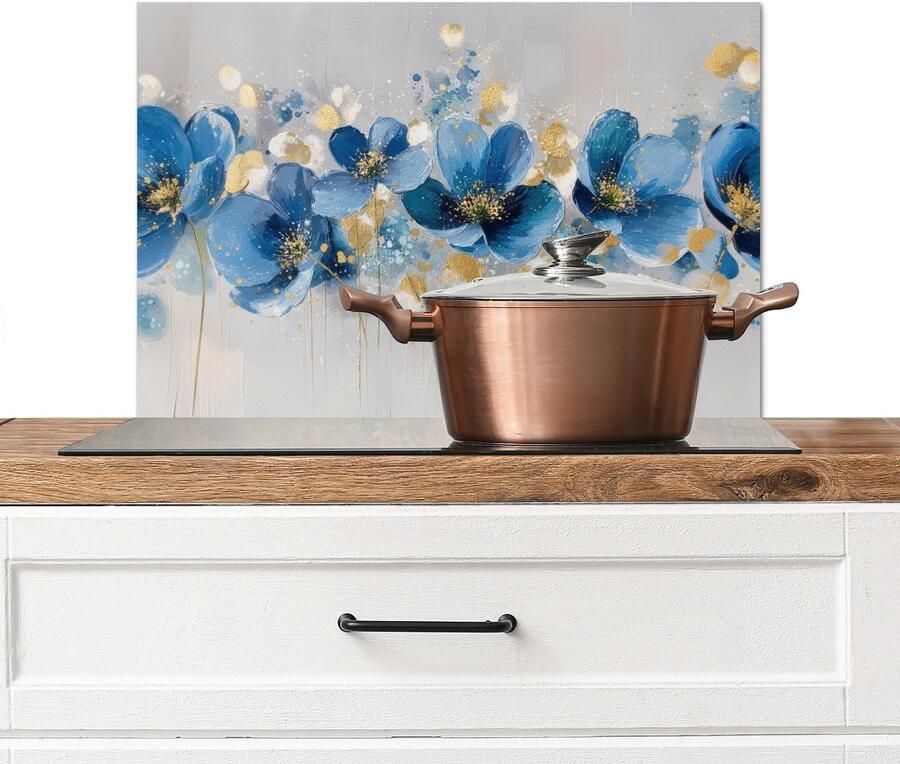 KitchenYeah Spatscherm keuken 60x40 cm Kookplaat achterwand Bloemen Blauw Abstract Muurbeschermer Spatwand fornuis Hoogwaardig aluminium