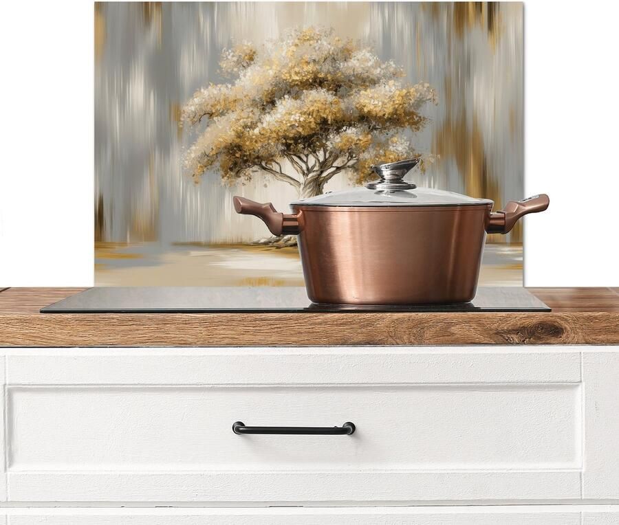 KitchenYeah Spatscherm keuken 60x40 cm Kookplaat achterwand Boom Bladeren Abstract Wit Muurbeschermer Spatwand fornuis Hoogwaardig aluminium