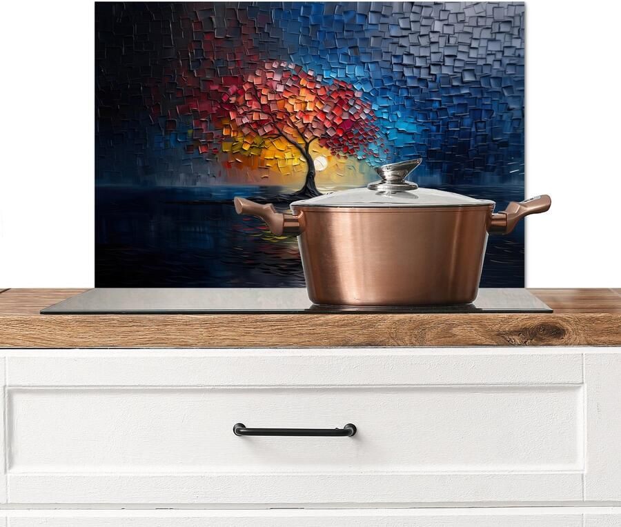 KitchenYeah Spatscherm keuken 60x40 cm Kookplaat achterwand Boom Blauw Bladeren Vakken Muurbeschermer Spatwand fornuis Hoogwaardig aluminium
