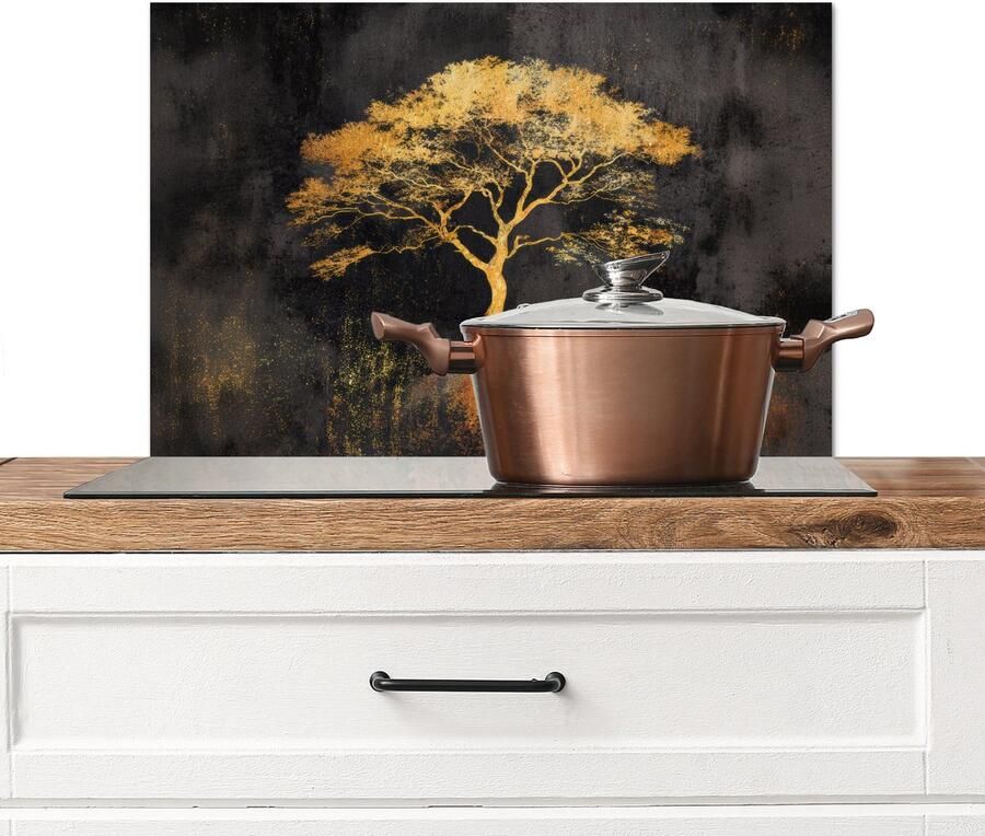 KitchenYeah Spatscherm keuken 60x40 cm Kookplaat achterwand Boom Schilderij Goud Abstract Muurbeschermer Spatwand fornuis Hoogwaardig aluminium