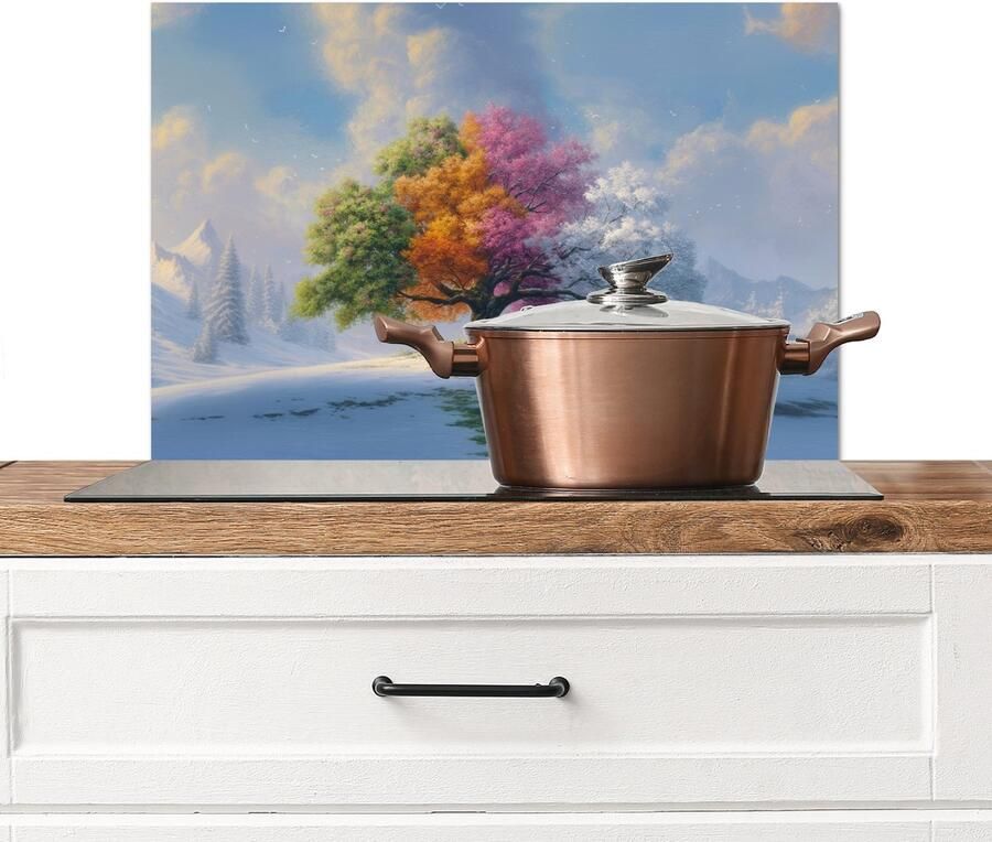 KitchenYeah Spatscherm keuken 60x40 cm Kookplaat achterwand Boom Seizoenen Winter Landschap Muurbeschermer Spatwand fornuis Hoogwaardig aluminium