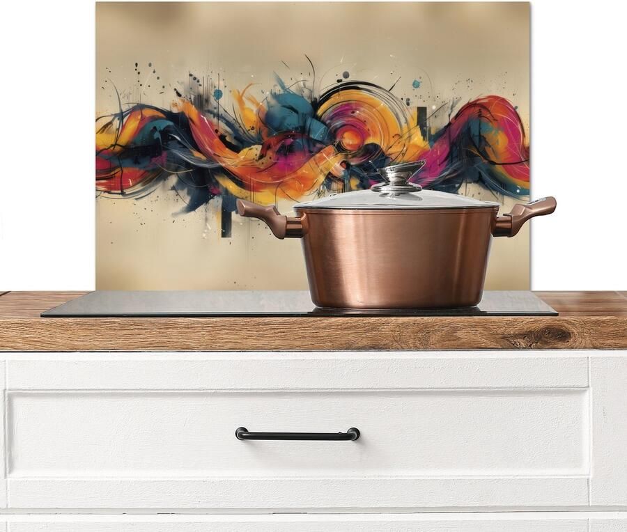 KitchenYeah Spatscherm keuken 60x40 cm Kookplaat achterwand Explosie Kleurrijk Vormen Abstract Muurbeschermer Spatwand fornuis Hoogwaardig aluminium