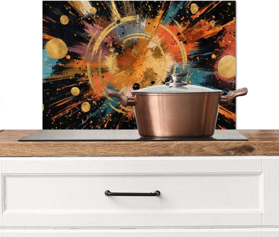 KitchenYeah Spatscherm keuken 60x40 cm Kookplaat achterwand Explosie Verfstructuur Goud Abstract Muurbeschermer Spatwand fornuis Hoogwaardig aluminium