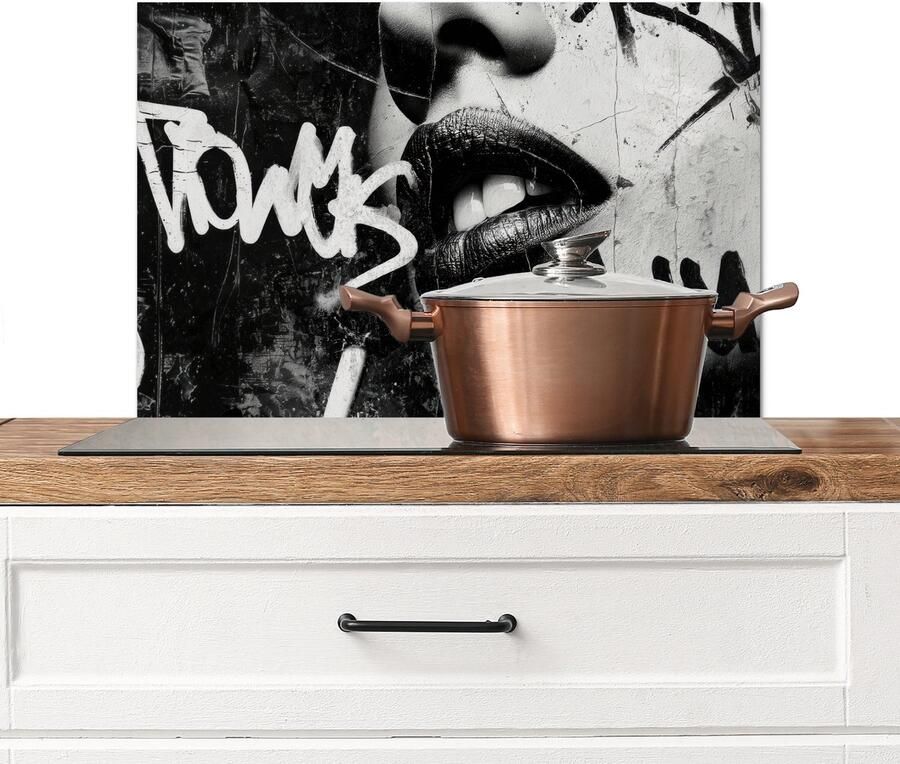 KitchenYeah Spatscherm keuken 60x40 cm Kookplaat achterwand Gezicht Mond Graffiti Zwart Muurbeschermer Spatwand fornuis Hoogwaardig aluminium