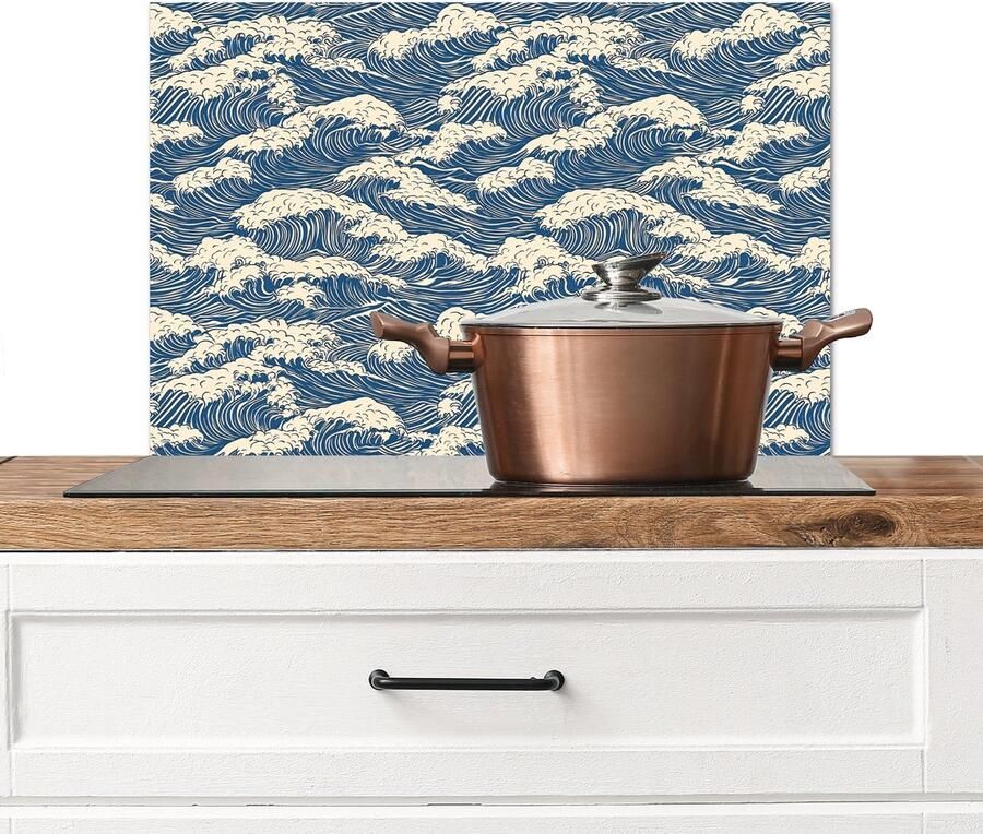 KitchenYeah Spatscherm keuken 60x40 cm Kookplaat achterwand Golven Klassiek Blauw Muurbeschermer Spatwand fornuis Hoogwaardig aluminium