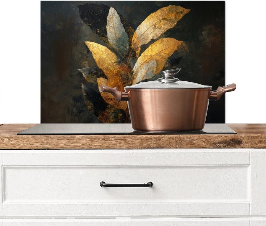 KitchenYeah Spatscherm keuken 60x40 cm Kookplaat achterwand Gouden Bladcompositie – Botanische Luxe Muurbeschermer Spatwand fornuis Hoogwaardig aluminium