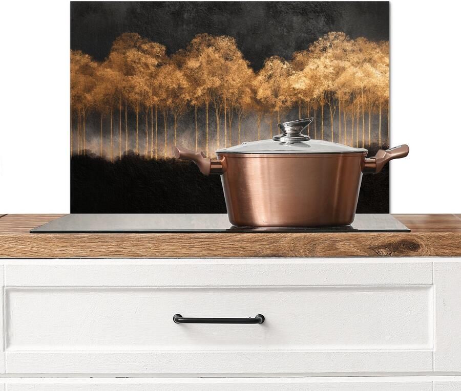 KitchenYeah Spatscherm keuken 60x40 cm Kookplaat achterwand Gouden Bomen in Mistig Landschap Muurbeschermer Spatwand fornuis Hoogwaardig aluminium