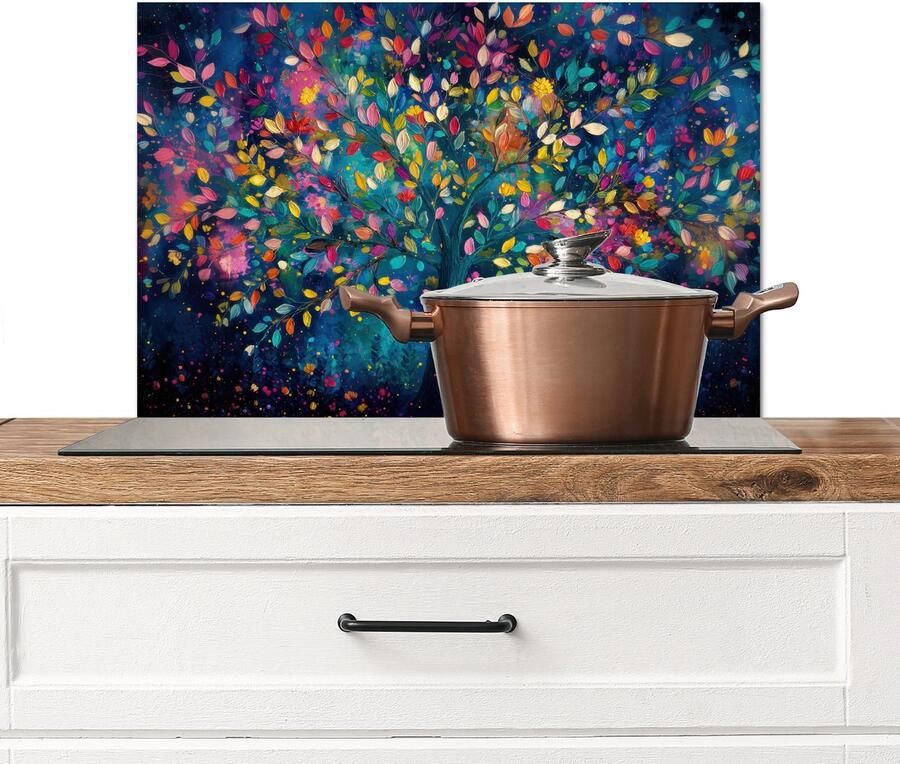 KitchenYeah Spatscherm keuken 60x40 cm Kookplaat achterwand Kleurrijk Boom Magisch Abstract Muurbeschermer Spatwand fornuis Hoogwaardig aluminium