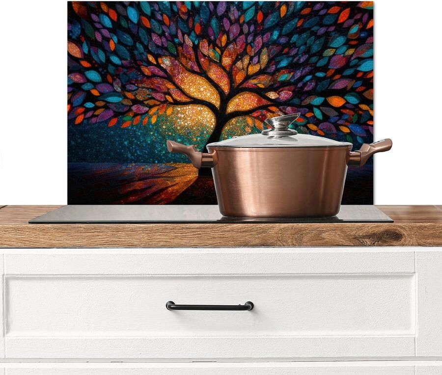 KitchenYeah Spatscherm keuken 60x40 cm Kookplaat achterwand Mozaïek Kleurrijk Boom Takken Muurbeschermer Spatwand fornuis Hoogwaardig aluminium