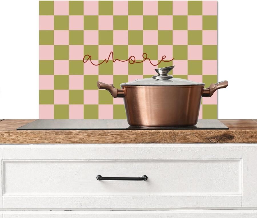 KitchenYeah Spatscherm keuken 60x40 cm Kookplaat achterwand Patroon Geblokt Olijfgroen Amore Muurbeschermer Spatwand fornuis Hoogwaardig aluminium