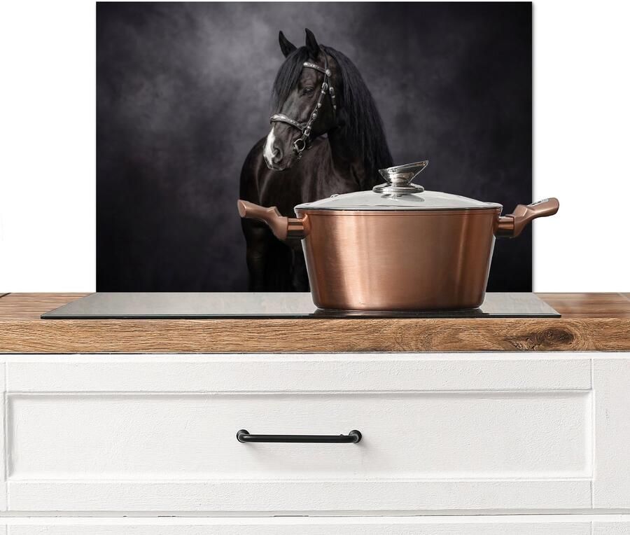 KitchenYeah Spatscherm keuken 60x40 cm Kookplaat achterwand Portret Paard Zwart Muurbeschermer Spatwand fornuis Hoogwaardig aluminium