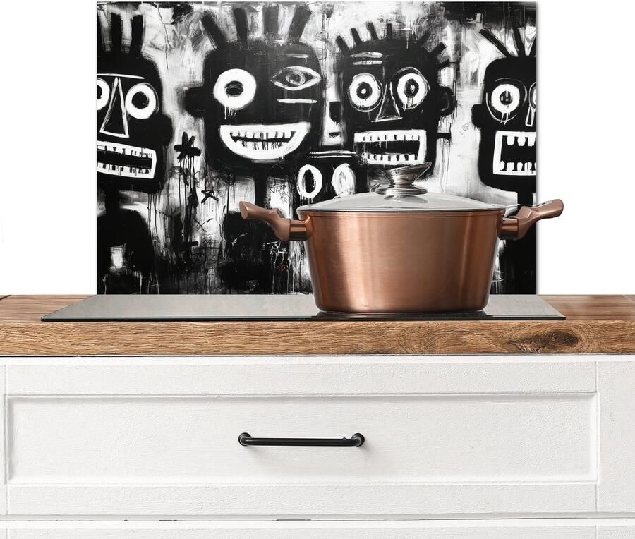 KitchenYeah Spatscherm keuken 60x40 cm Kookplaat achterwand Schilderij Figuren Zwart Abstract Muurbeschermer Spatwand fornuis Hoogwaardig aluminium