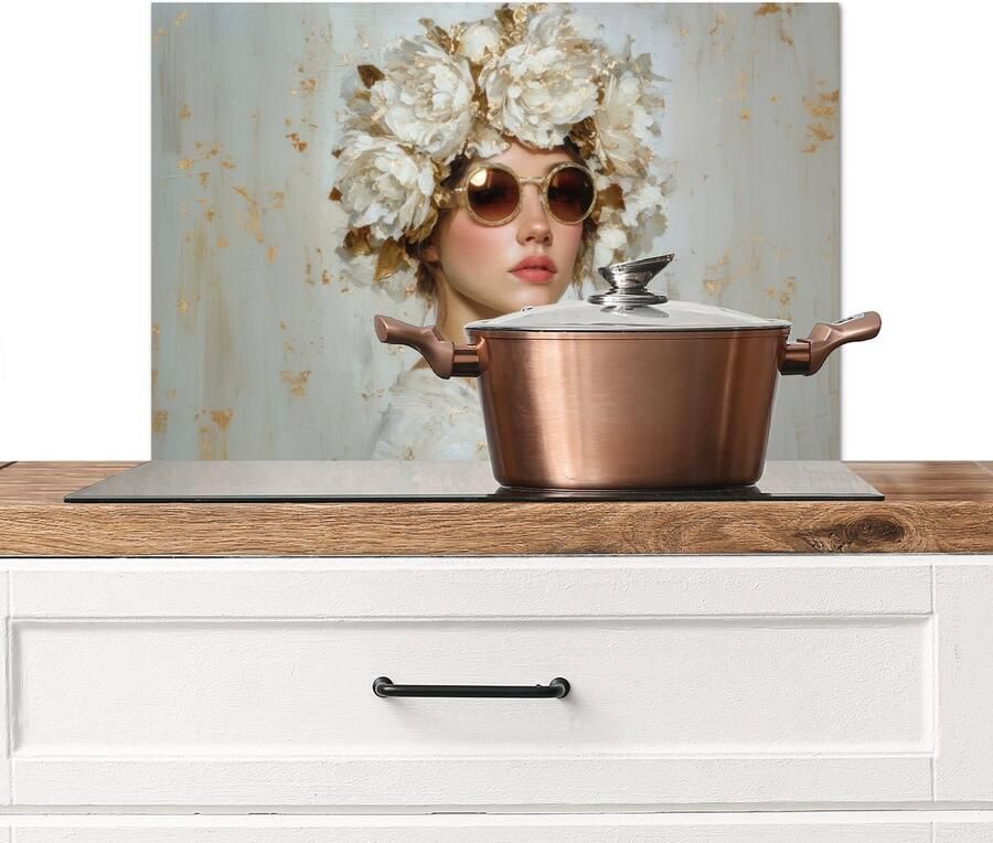 KitchenYeah Spatscherm keuken 60x40 cm Kookplaat achterwand Schilderij Vrouw Zonnebril Bloemenkrans Muurbeschermer Spatwand fornuis Hoogwaardig aluminium