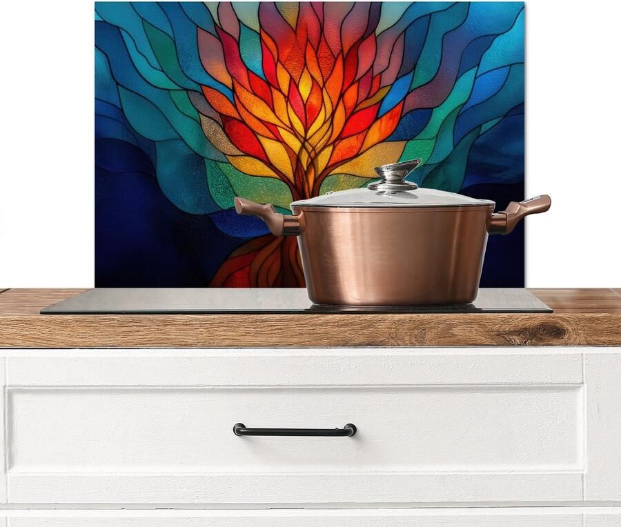 KitchenYeah Spatscherm keuken 60x40 cm Kookplaat achterwand Sierglas Boom Rood Vlakken Muurbeschermer Spatwand fornuis Hoogwaardig aluminium