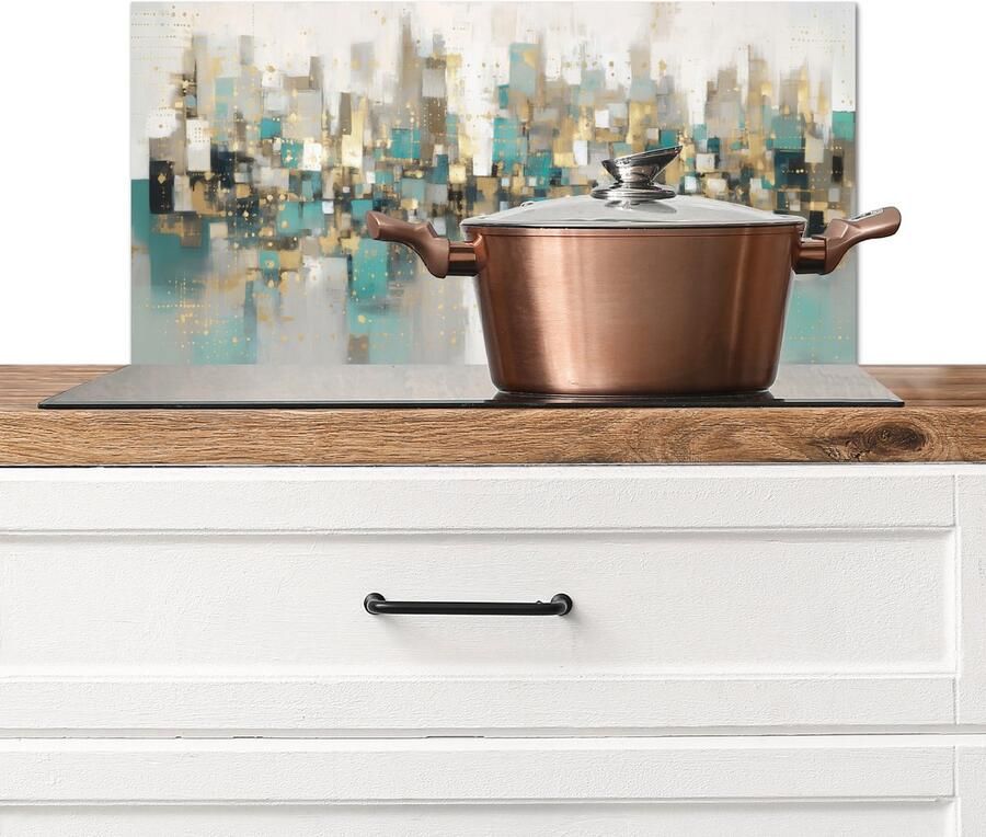 KitchenYeah Spatscherm keuken 70x30 cm Kookplaat achterwand Abstract Blokken Goud Skyline Muurbeschermer Spatwand fornuis Hoogwaardig aluminium