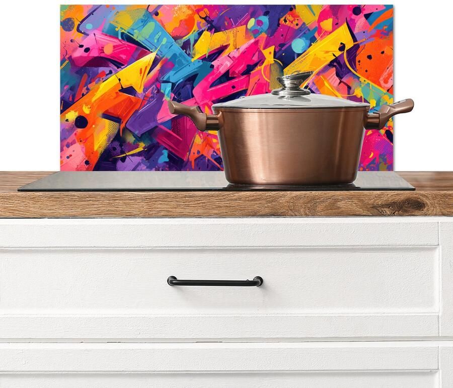 KitchenYeah Spatscherm keuken 60x30 cm Kookplaat achterwand Abstract Vormen Kleurrijk Muurbeschermer Spatwand fornuis Hoogwaardig aluminium