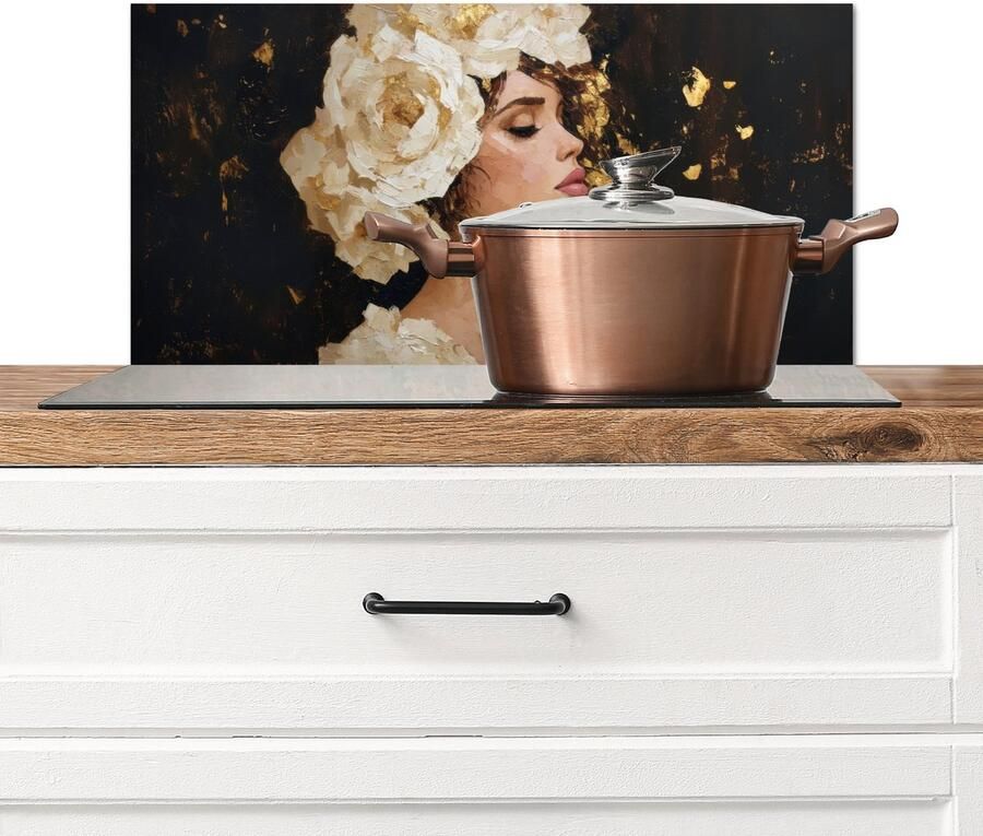 KitchenYeah Spatscherm keuken 60x30 cm Kookplaat achterwand Abstract Vrouw Bloemen Wit Muurbeschermer Spatwand fornuis Hoogwaardig aluminium