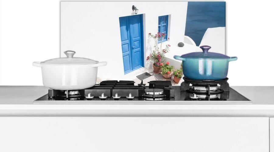 KitchenYeah Spatscherm keuken 70x30 cm Kookplaat achterwand Architectuur Blauw Wit Deur Muurbeschermer Spatwand fornuis Hoogwaardig aluminium