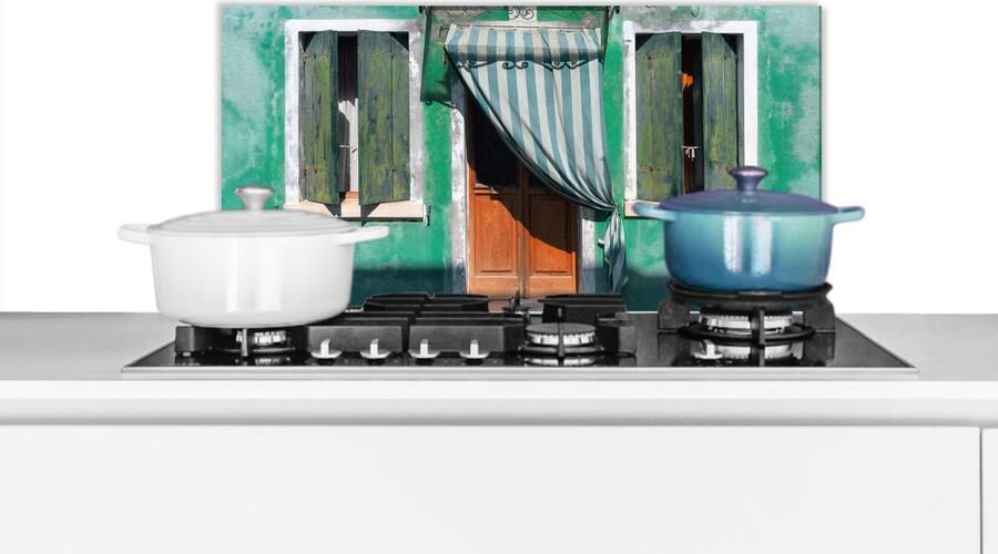 KitchenYeah Spatscherm keuken 70x30 cm Kookplaat achterwand Architectuur Groen Deur Huis Luiken Muurbeschermer Spatwand fornuis Hoogwaardig aluminium