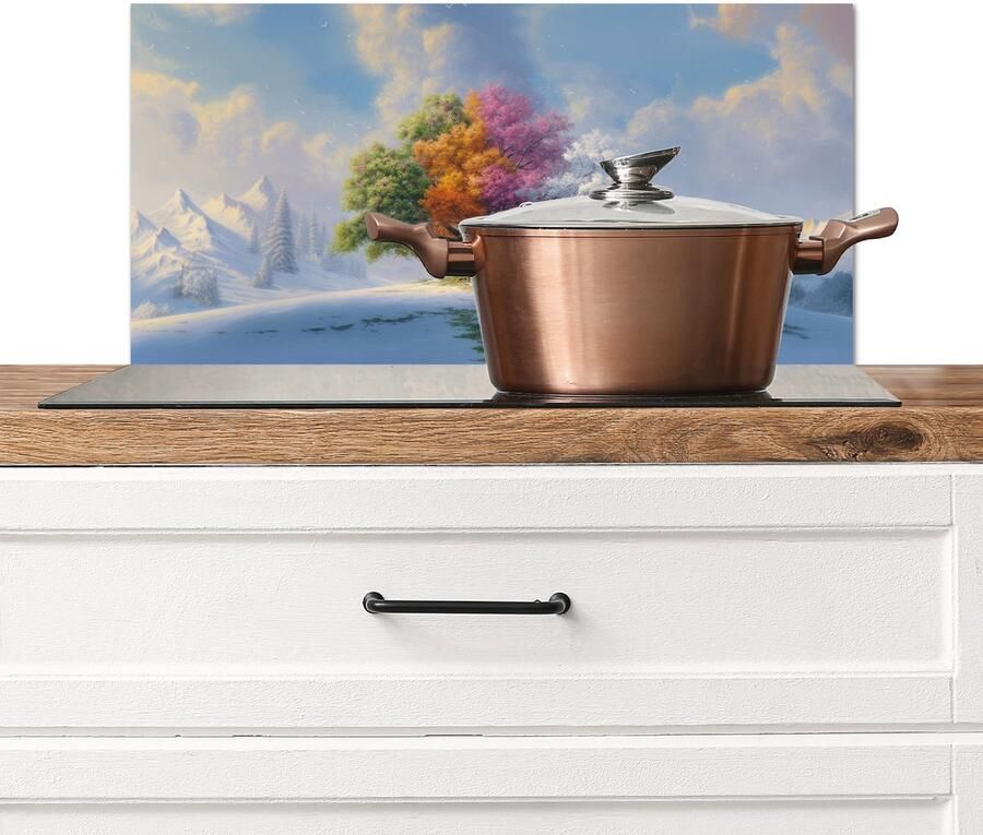 KitchenYeah Spatscherm keuken 70x30 cm Kookplaat achterwand Boom Seizoenen Winter Landschap Muurbeschermer Spatwand fornuis Hoogwaardig aluminium