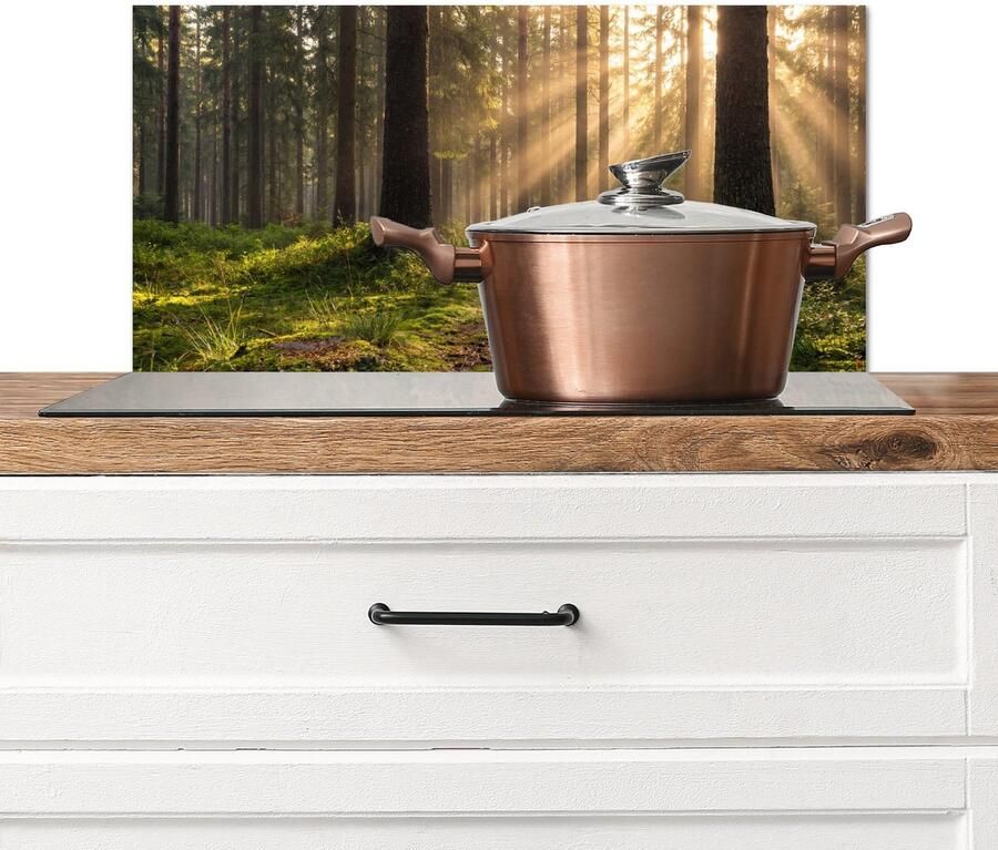 KitchenYeah Spatscherm keuken 70x30 cm Kookplaat achterwand Bos Zonlicht Gras Muurbeschermer Spatwand fornuis Hoogwaardig aluminium