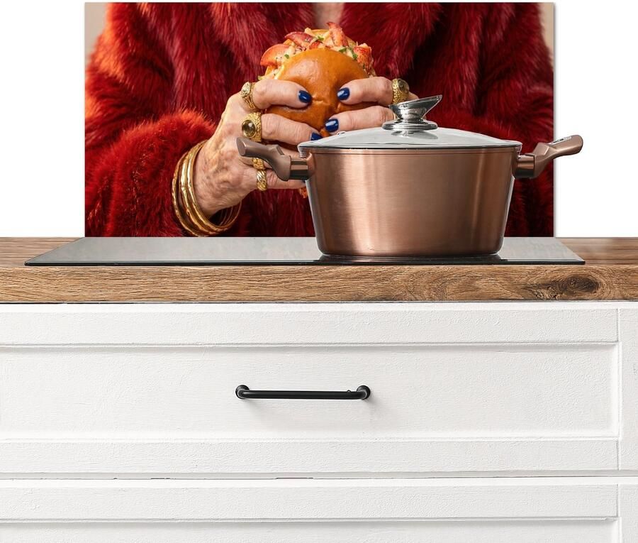 KitchenYeah Spatscherm keuken 70x30 cm Kookplaat achterwand Broodje Bontjas Goud Muurbeschermer Spatwand fornuis Hoogwaardig aluminium