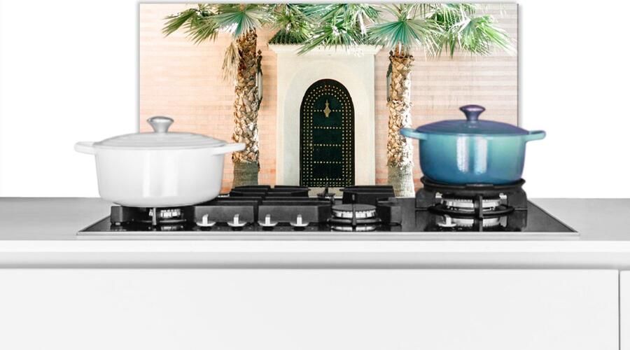 KitchenYeah Spatscherm keuken 70x30 cm Kookplaat achterwand Deur Marrakesh Palmboom Wit Tropisch Muurbeschermer Spatwand fornuis Hoogwaardig aluminium