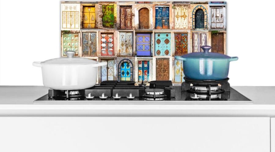 KitchenYeah Spatscherm keuken 70x30 cm Kookplaat achterwand Deuren Architectuur Vintage Collage Muurbeschermer Spatwand fornuis Hoogwaardig aluminium