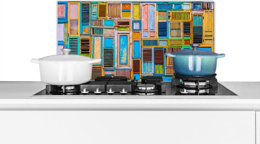 KitchenYeah Spatscherm keuken 70x30 cm Kookplaat achterwand Deuren Blauw Abstract Architectuur Neon Muurbeschermer Spatwand fornuis Hoogwaardig aluminium