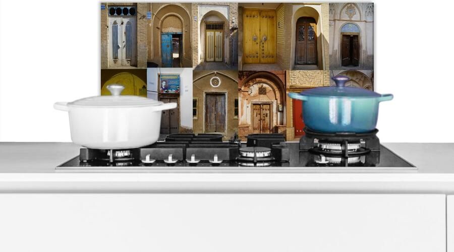 KitchenYeah Spatscherm keuken 70x30 cm Kookplaat achterwand Deuren Kleurrijk Architectuur Collage Vintage Muurbeschermer Spatwand fornuis Hoogwaardig aluminium