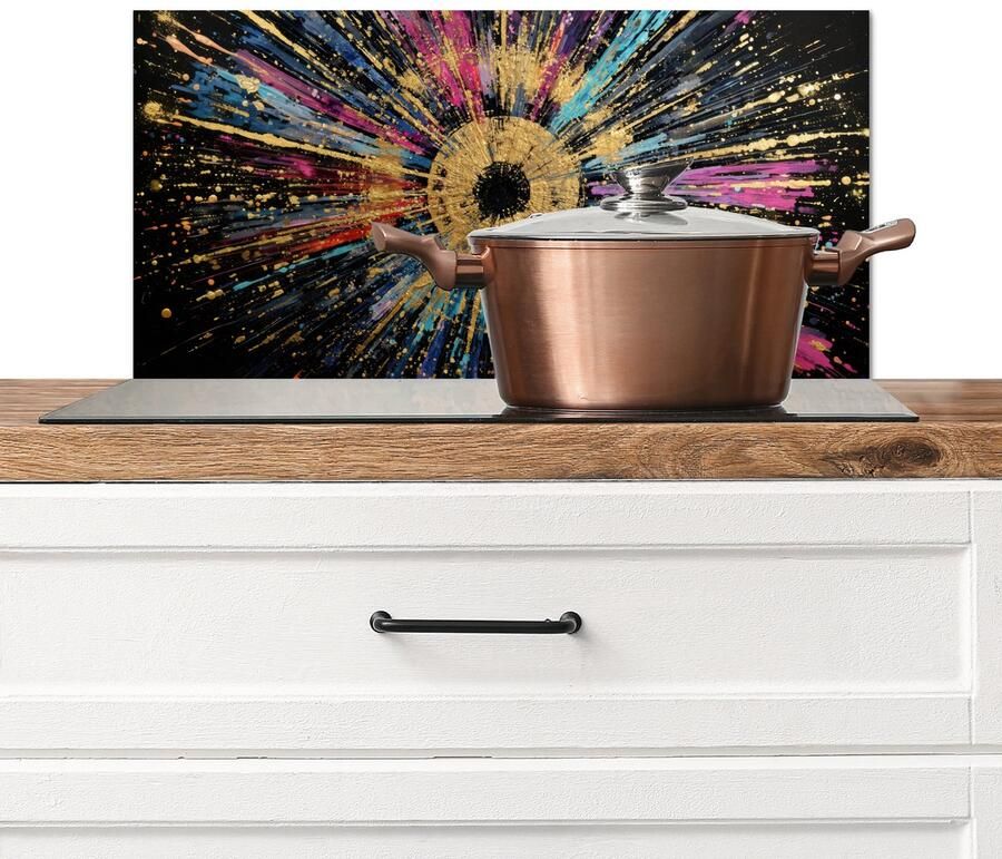 KitchenYeah Spatscherm keuken 70x30 cm Kookplaat achterwand Explosie Goud Kleurrijk Abstract Muurbeschermer Spatwand fornuis Hoogwaardig aluminium