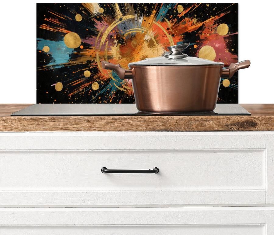 KitchenYeah Spatscherm keuken 70x30 cm Kookplaat achterwand Explosie Verfstructuur Goud Abstract Muurbeschermer Spatwand fornuis Hoogwaardig aluminium