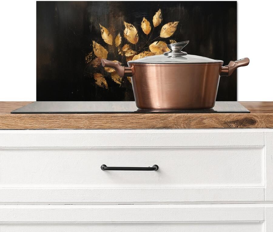 KitchenYeah Spatscherm keuken 60x30 cm Kookplaat achterwand Gouden Bladeren op Donkere Achtergrond Muurbeschermer Spatwand fornuis Hoogwaardig aluminium