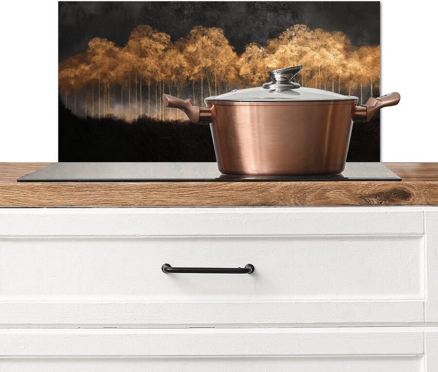 KitchenYeah Spatscherm keuken 60x30 cm Kookplaat achterwand Gouden Bomen in Mistig Landschap Muurbeschermer Spatwand fornuis Hoogwaardig aluminium