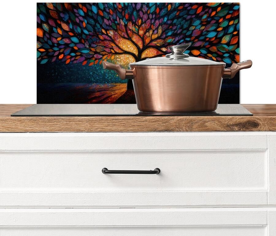 KitchenYeah Spatscherm keuken 60x30 cm Kookplaat achterwand Mozaïek Kleurrijk Boom Takken Muurbeschermer Spatwand fornuis Hoogwaardig aluminium