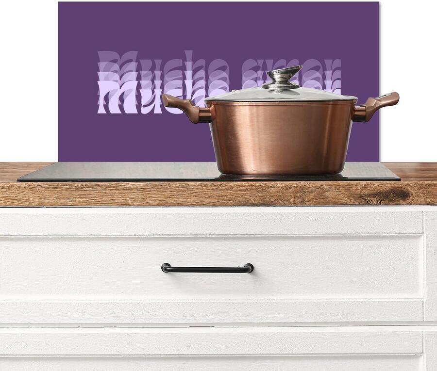 KitchenYeah Spatscherm keuken 60x30 cm Kookplaat achterwand Mucho amor Paars Grafisch Muurbeschermer Spatwand fornuis Hoogwaardig aluminium
