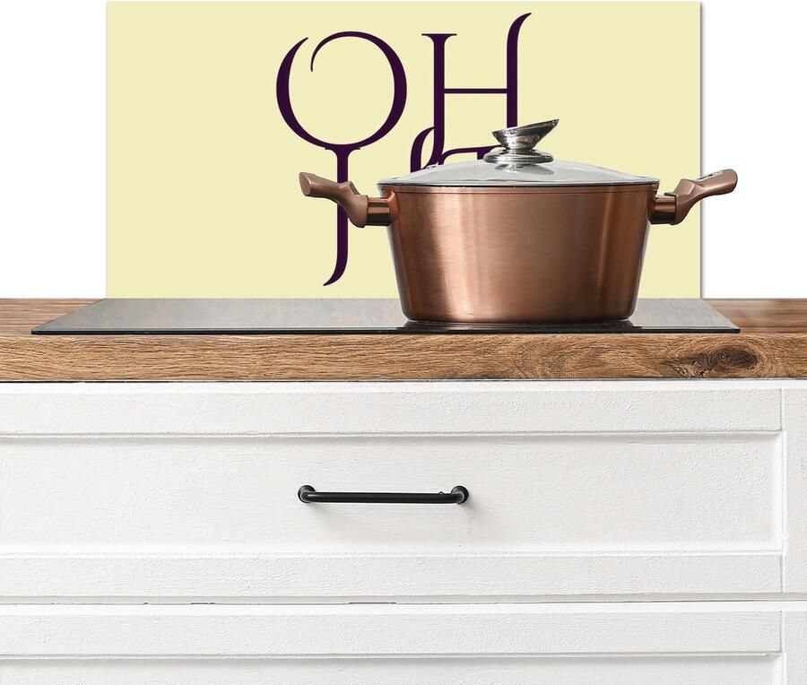KitchenYeah Spatscherm keuken 70x30 cm Kookplaat achterwand Oh hi Geel Monogram Muurbeschermer Spatwand fornuis Hoogwaardig aluminium