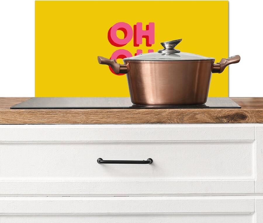 KitchenYeah Spatscherm keuken 60x30 cm Kookplaat achterwand Oh ok 3D Geel Roze Muurbeschermer Spatwand fornuis Hoogwaardig aluminium