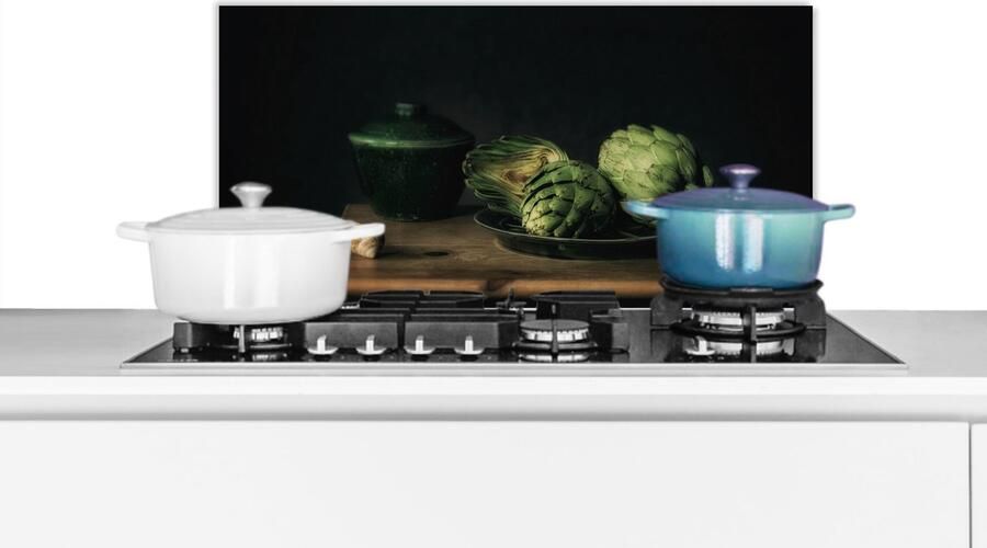 KitchenYeah Spatscherm keuken 70x30 cm Kookplaat achterwand Stilleven Bord Artisjok Kunst Schilderij Muurbeschermer Spatwand fornuis Hoogwaardig aluminium