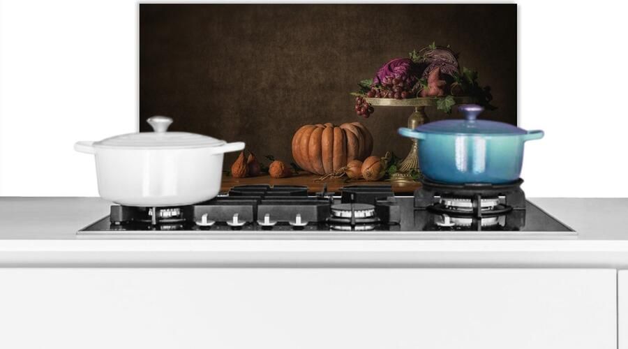 KitchenYeah Spatscherm keuken 70x30 cm Kookplaat achterwand Stilleven Schilderij Druiven Pompoen Fruit Muurbeschermer Spatwand fornuis Hoogwaardig aluminium