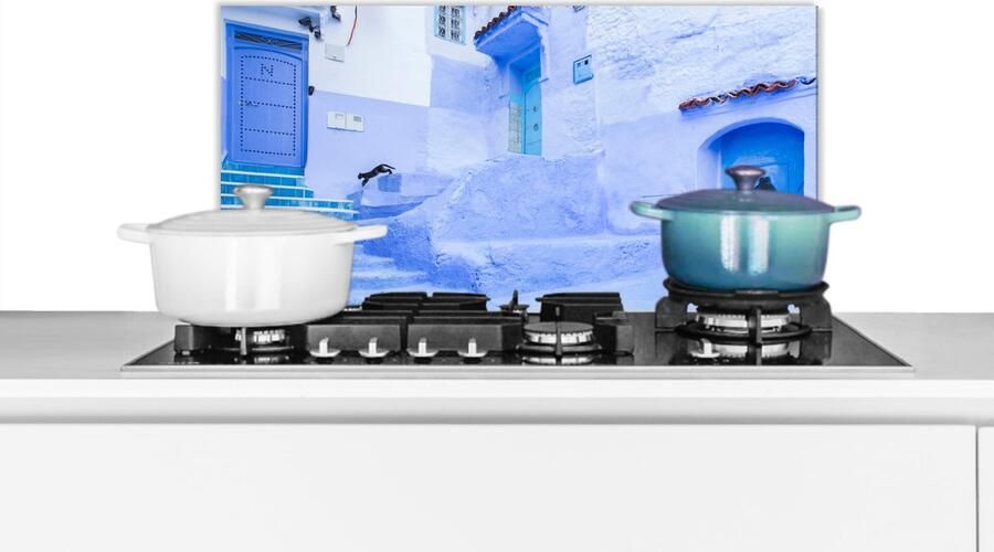 KitchenYeah Spatscherm keuken 70x30 cm Kookplaat achterwand Straat Blauw Deuren Architectuur Muurbeschermer Spatwand fornuis Hoogwaardig aluminium